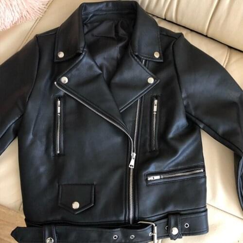Trendy New Women Spring Autumn Black Faux Leather Jackets Zipper Basic Coat Turn-down Collar Motor Biker Jacket With Belt