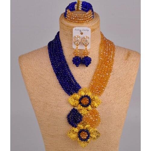 Laanc Fashion Royal Blue Champange Gold Nigerian Wedding African Beads Jewelry Set Crystal C6CHLK024
