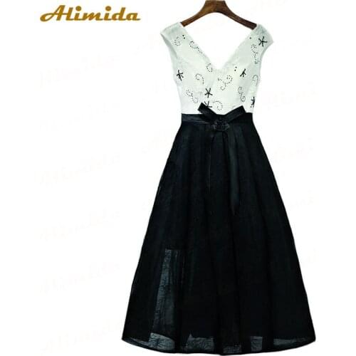 ALIMIDA New Fashion Sexy V-Neck Beading Evening Dress 2020 A-Line Prom Dresses Lace Up Party Dress with Bow robe de soiree