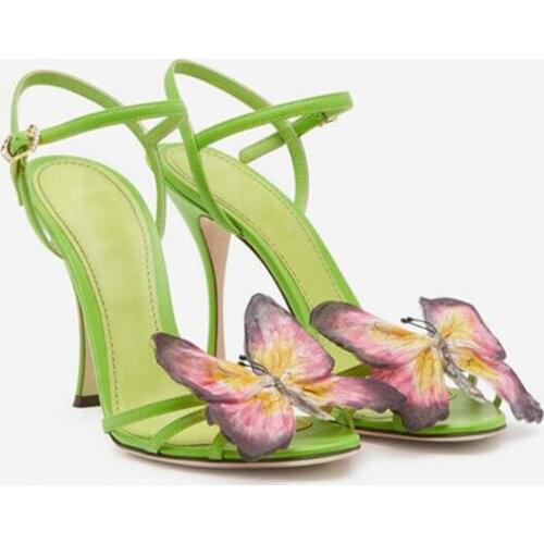 Moraima Snc Summer Butterfly Decorations High Heel Sandal Green Leather Ankle Strap Thin Heels Shoes Open Toe Party Dress Shoe