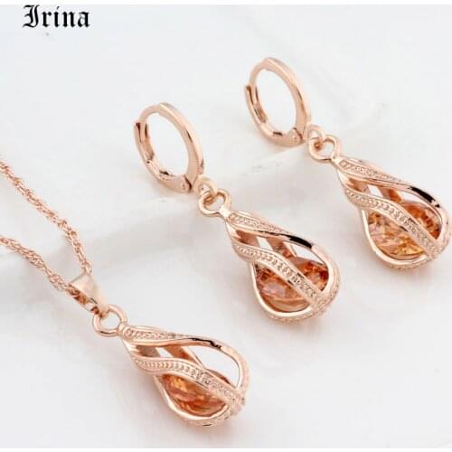 New Gift Trendy 585 Rose Gold Color Long Earrings Set For Women Wedding Hollow Irregular Cubic Zircon Jewelry Sets
