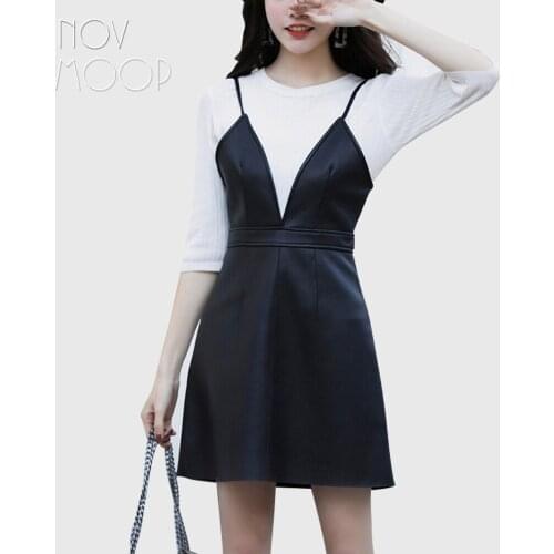 Novmoop 2020 solid color new design minimalism genuine leather women suspender skirt Jupe à bretelles en cuir LT3228
