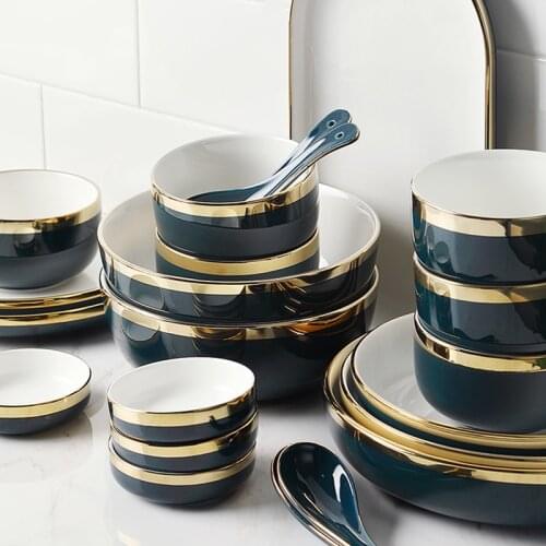 Ecrockery Dinner Plates Dishes Blue Porcelain Plates and Bowls Set Ceramic Cake Food Plate Salad Soup Bowl Tableware