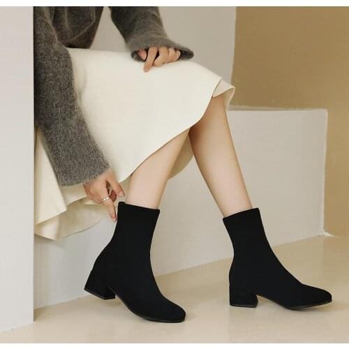 Autumn New Fashion Women Boots Pointed Toe Yarn Elastic Ankle Boots Kid suede Thick Heel Shoes Female Socks Boots bota feminina