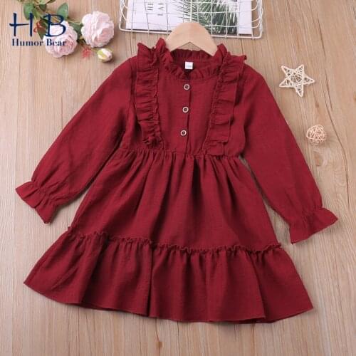 Humor Bear Girls Dress New Autumn Flare-Sleeve Ruffle Solid Color Princess Dress Toddler Kids Clothes