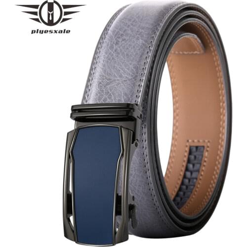 Plyesxale Brand Genuine Leather Belt Man Blue Black White Gray Mens Belt Designer Fashion Automatic Buckle Belts For Men B679