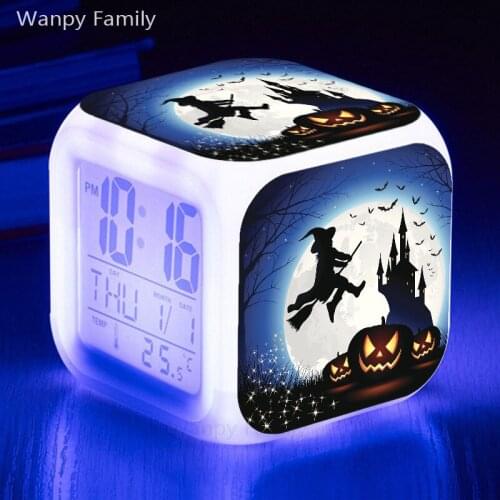 Happy Halloween Alarm Clock Kids LED Clock Cartoon night light Flash 7 Color changing digital clock electronic desk clock