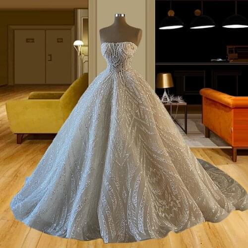 Handmade Pearl Wedding Dresses for Bride Strapless Ball Maxi Gown for Marry Ceremony Womens Party Clothing