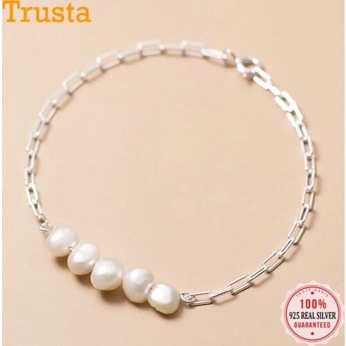 Trustdavis Luxury 925 Sterling Silver Sweet Asymmetrical Baroque Pearl Chain Bracelet For Women Wedding Fine S925 Jewelry DA1778
