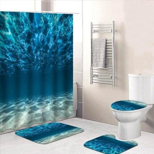 Blue Sea Ocean Style Bathroom Waterproof Shower Curtain Toilet Cover Mat Non-Slip Rugs Decor