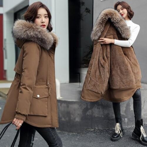 New 2021 Down Cotton Winter Coat Korean Fur Collar Hooded Velvet thicken Female Coat Winter Warm Women Jacket Overcoat Parkas