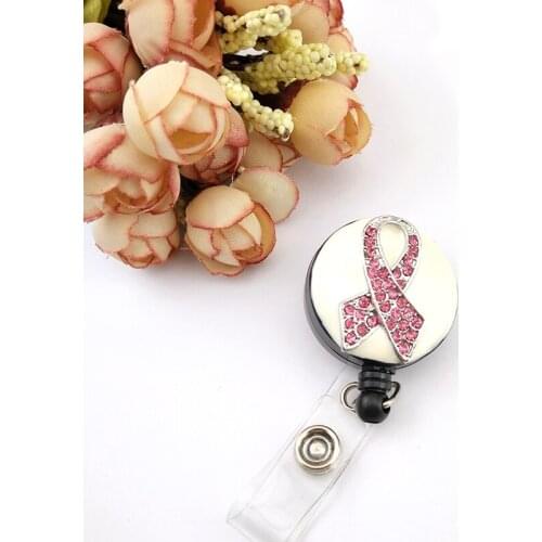 100pcs/lot Wholesale Fashion Rhinestone enamel breast cancer Pink ribbon Retractable medical id Badge holder Reels For Nurse