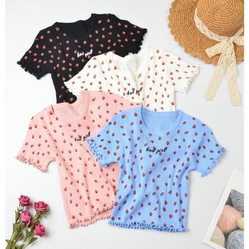 2021 Summer Short Sleeve O-neck Knitted T-shirts Girls Printed Strawberries Stretchy Crop Tops Thin Knitwear For Women
