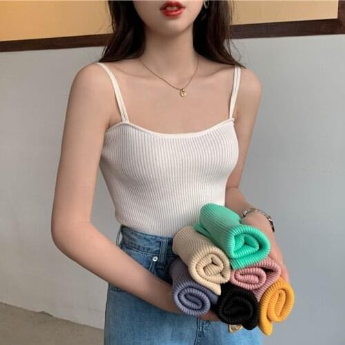 2021 Summer Sexy Crop Tops Camis Strap Tank Tops Women Basic Solid Color Elastic Camisole Knitted Slim Halter Female Corset