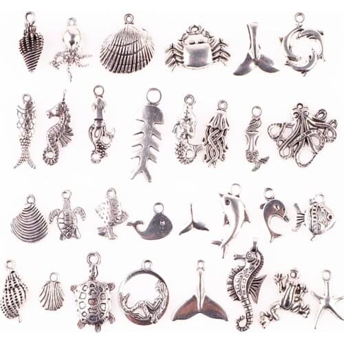 30Pcs/Lot Mix Dolphin Seahorse Shell Charms Mermaid Turtle Pendant Women Diy Beads Jewelry Accessories