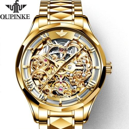 Men Mechanical Watch OUPINKE Top Brand Mens Watches Luxury Automatic Skeleton Waterproof Sapphire Business Wristwatch Men Gold