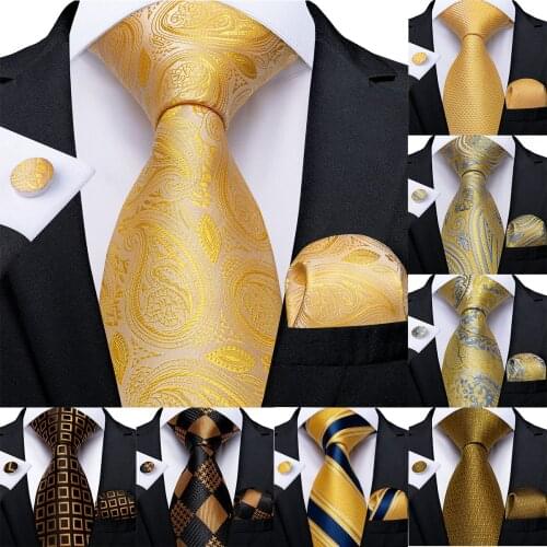 Gold Solid Floral Plaid Paisley Ties For Men Handkerchief Cufflinks Silk Tie Set DiBanGu Designer MenS Wedding Ties Mens Gift