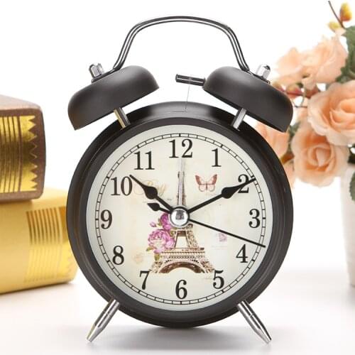 Black Classic Vintage Flower Silent Night Light Double Bell Alarm Clock Lazy Bedside Desk Metal Clock Christmas Gift For Kids