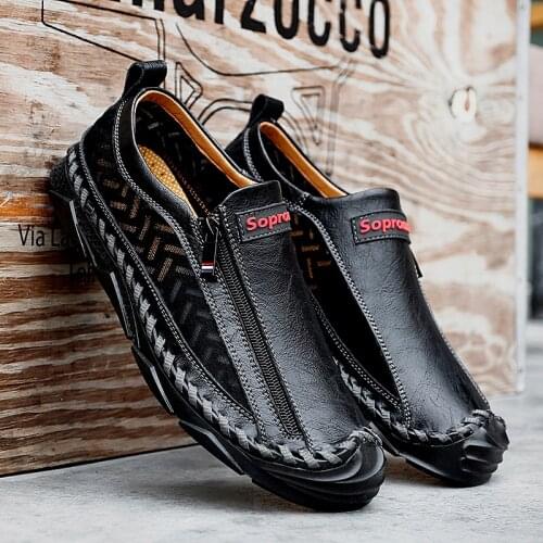 Loafers Men Leather Shoes Zipper Men Casual Moccasins Breathable Quality Driving Shoe Slip on Male Sneakers Big Sizes 38-47