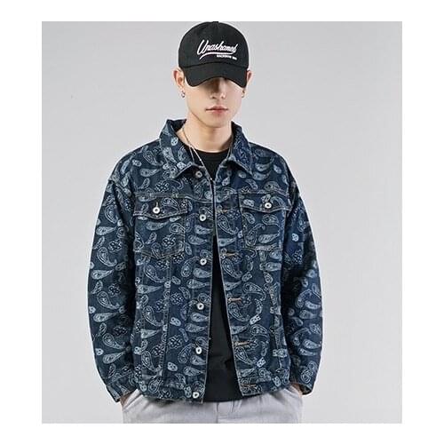 Denim Jacket Men Cashew Flower Denim Jacket Spring and Autumn Mens Korean Style Trendy All-match Jacket Clothes Men Winter Coat