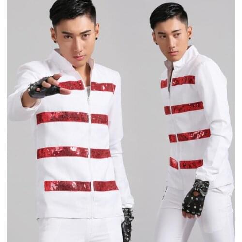 Stand collar men suits designs white stage costumes for singers men sequin blazer dance clothes jacket style dress punk rock