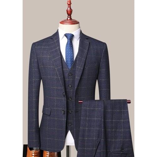Mens Fashion Three-Piece Plaid Formal Suit Business Suit Boutique Slim For Wedding Dress Suit 2021 Jacket + Vest + Pants