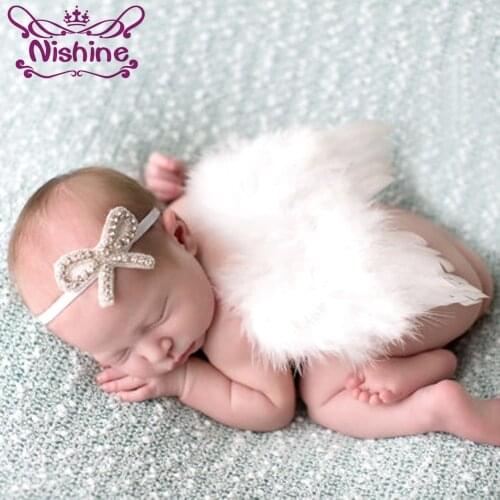 Nishine Newborn Angel Feather Wing With Bowknot Rhinestone Headband Kids Children Newborn Photography Props Decoration