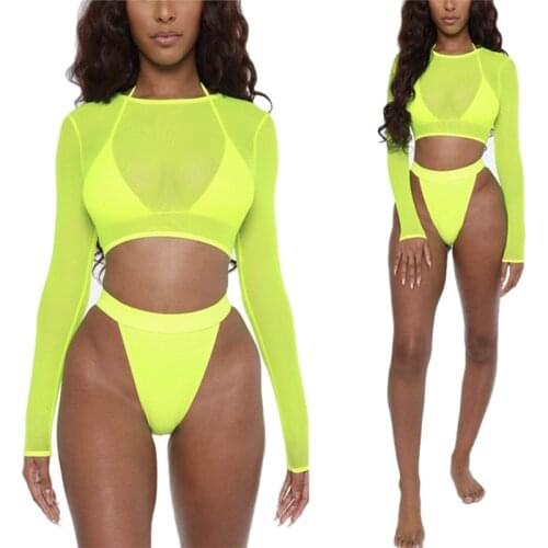 2020 New Sexy Mesh Sheer Swimwear Women Summer Push-up Bikini Set Fashion Sexy Solid Swimsuit Long Sleeve 3Pcs Swimming Costume