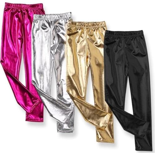 2-9 Yrs Girls Golden Lycra Leggings Stretch Skinny Pants Silver Shinnig Rose Color Kids Full Length Bottoms Metallic Leggings