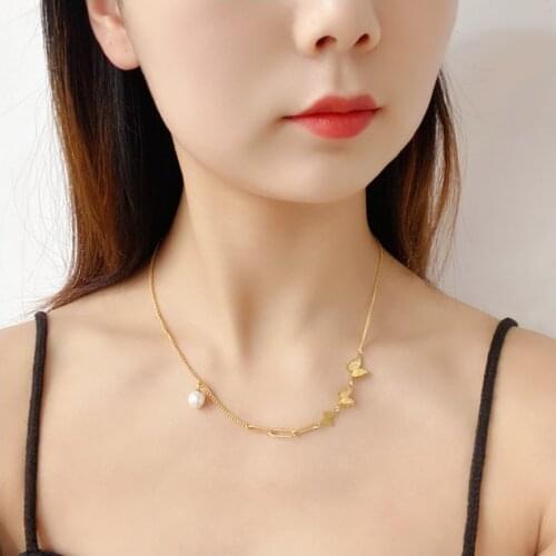 316L Stainless Steel New Fashion Upscale Jewelry Butterflies Pearl Choker Charms Thick Chain Necklaces & Pendants For Women