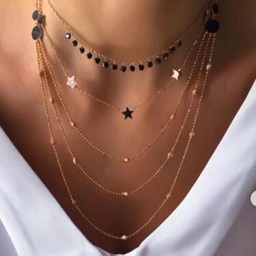 Boho Star Pendant Necklace Fashion Womens Jewelry Diamond Round Bead Multilayer Tassel Clavicle Chain