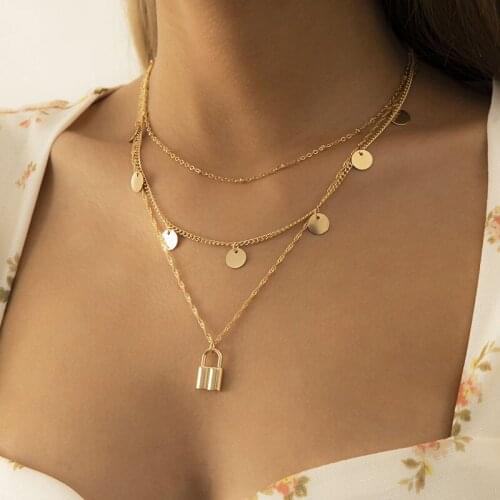 Vintage Elegant Round Sequins Lock Pendant Necklace for Women Fashion Multilayer Chains Clavicle Necklace Colar Jewelry Gift