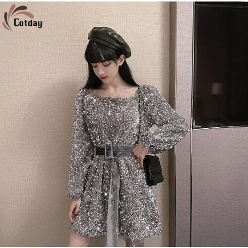 Cotday Shinning Sequined Spring New Women Fashion Temperament Bandage Ladys Velvet Mini Club Designer Dress Femme