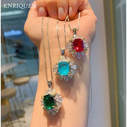 Charms 925 Sterling Silver 10*12mm Paraiba Tourmaline Emerald Ruby Lab Diamond Pendant Necklace Women Wedding Party Fine Jewelry