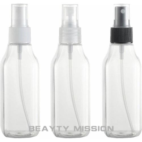 BEAUTY MISSION 100ml clear square empty plastic spray bottle,perfume travel bottles spray refillable,100cc refillable bottles