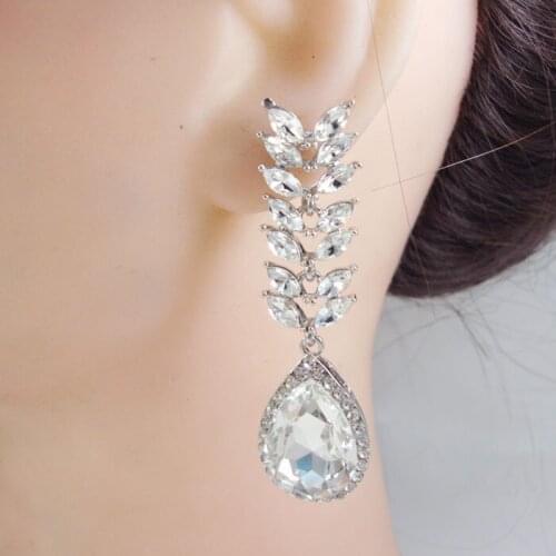 Silver Tone Cubic Zirconia Double Row Leaves Droplets Bridal Earrings New Design