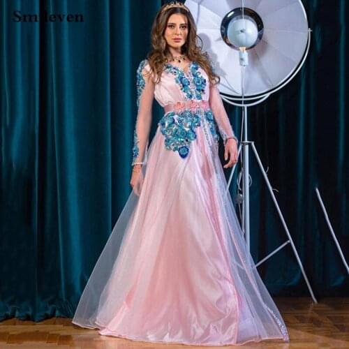 Smileven Pink Moroccan Kaftan Formal Evening Dresses With 3D Flowers Duiba Special Occasion Gowns Long Sleeve Party Gowns