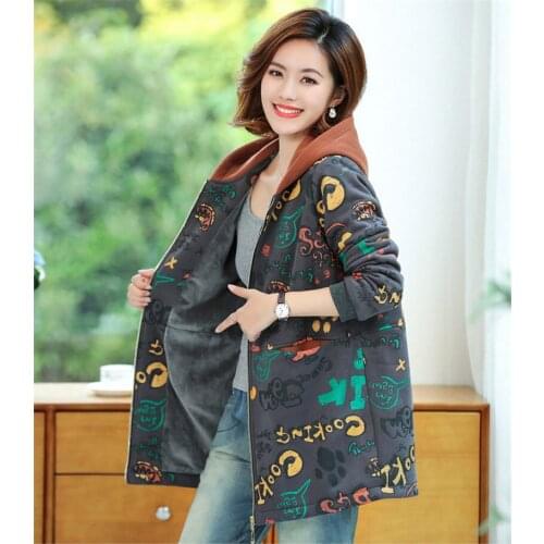 Plus Velvet Thick Coat Female Loose Large Size Cotton Clothes Women Winter Sweatshirts and Hoodies Jacket Fashion Printing f2288