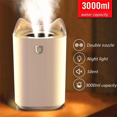 3L Air Humidifier Essential Oil Aroma Diffuser Double Nozzle USB with Coloful LED Light Heavy Fog Ultrasonic Humidifiers Home