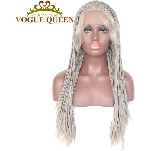 Vogue Queen Grey Braided Synthetic Lace Front Wig Heat Resistant Fiber 24 Inch For Women