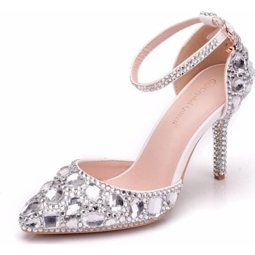Women sandals wedding Party banquet PU Rhinestones Buckle Strap 9.5CM Thin High Heels Pointed Toe sandal women shoes size 35-42