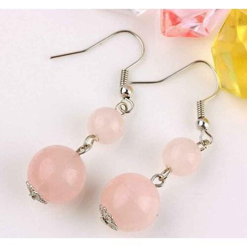 TUMBEELLUWA Pink Quartz Crystal Gem Stone Round Beads Dangle Hook Earrings For Womens Girls