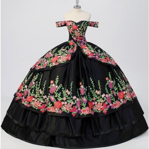 2020 Mexican Black Charra Quinceanera Dresses Embroidery Appliques Ball Gown Vestidos 16 Anos Sweet 15 Dress