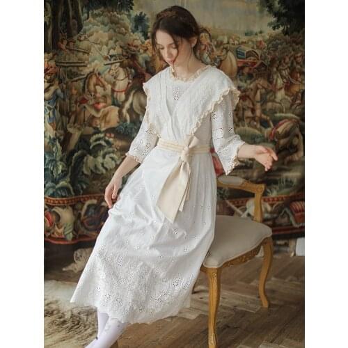 2020 Spring Summer Dress Women Victoria Vintage Elegant Slim Mori Girl Midi Dress Hollow Out Embroidery Cotton Long White Dress