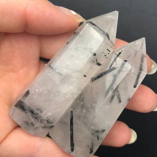 Two Natural Rare Black Tourmaline Crystal Column Magic Wand Point Reiki for Healing stones