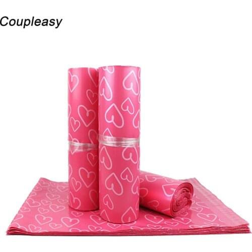 100Pcs 3 Sizes Heart Printed Courier Bag Pink Plastic Envelope Bags Waterproof Poly Mailer Postal Shipping Mailbag Storage Bags