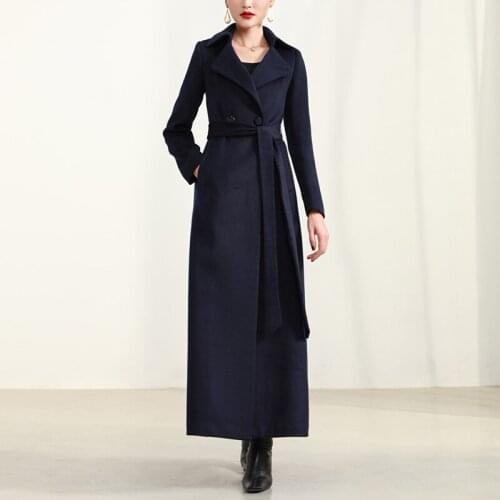 2020 New winter autumn and winter thickening X-Long long belt high-end women woollen overcoat dark blue wool jacket trench coat