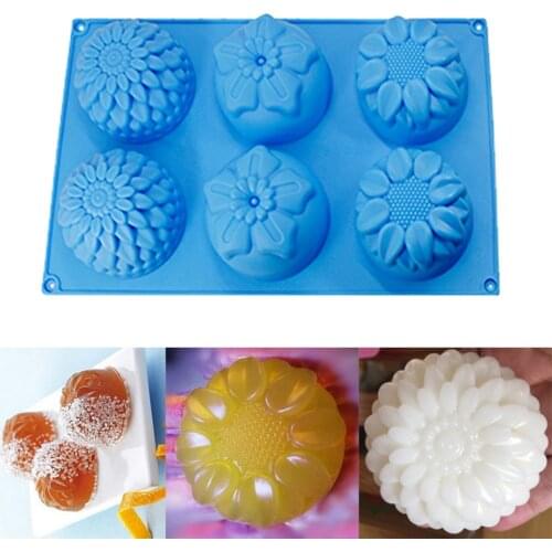 6 Holes Three Flower Patterns 3D Round DIY Silicone Handmade Soap Candle Fondant Chocolate Cake Decoration Baking Mold Crafts
