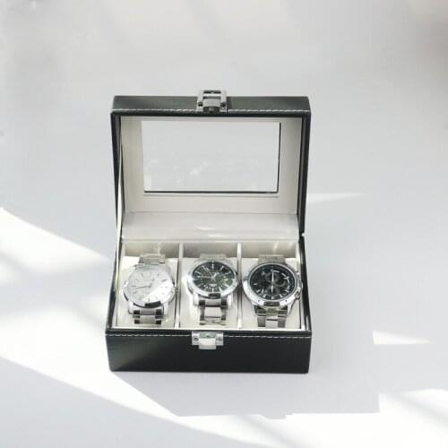 3 Slots Watch Display Box PU Watch Storage Box Glass Jewelry Bracelet Storage Case Watch Organizer Black Leather