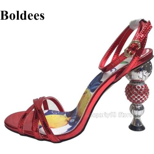 Strange Heeled Luxury Jewelled Ball High Heel Gladiator Sandals Women Cross Band Ankle Strap Painted Flower Printed Party Shoes